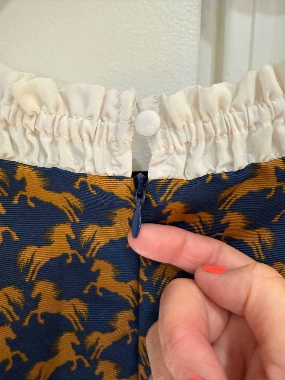 Maeve Navy and Mustard Printed Horse Mini Dress with Ivory Puff Sleeves - Picture 8 of 10